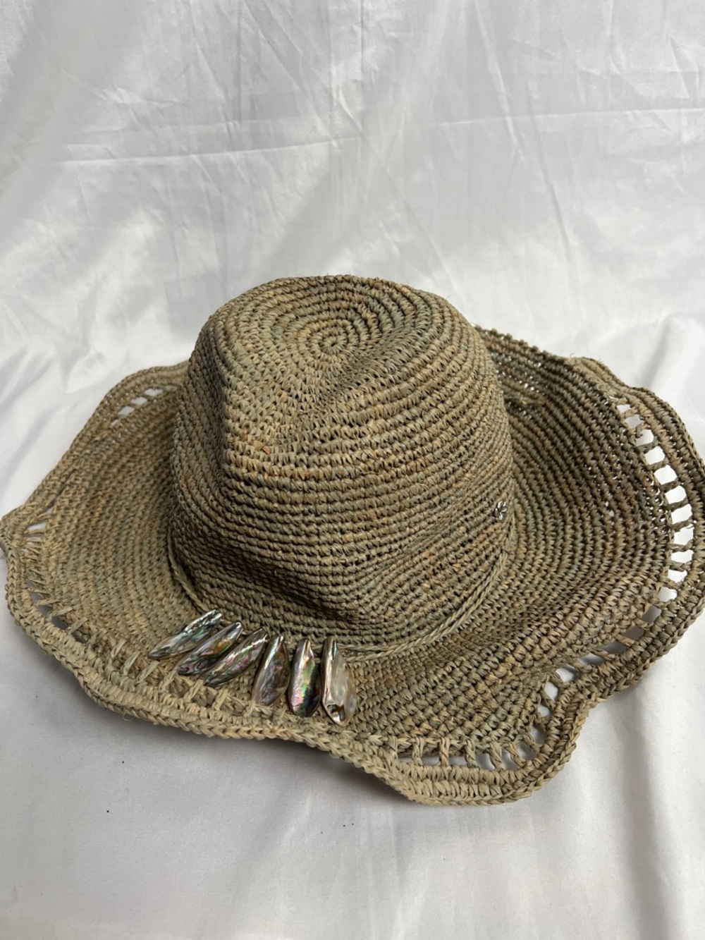 Woven Straw Sun Hat with Iridescent Shell Accents - Natural - Picture 2 of 6